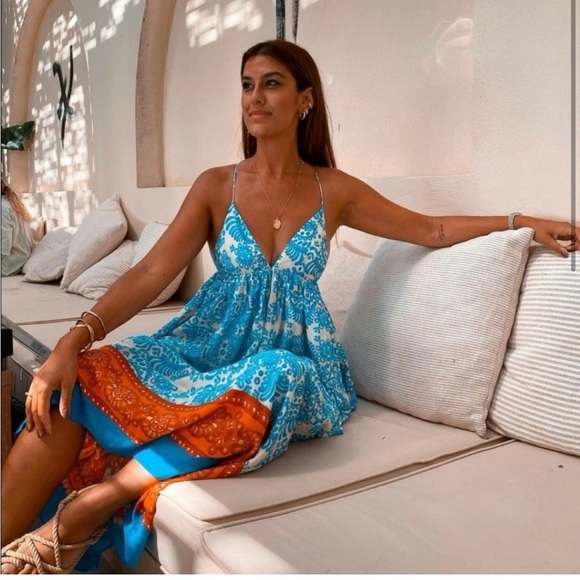 Zara * Linen Blend Printed Maxi Midi Dress Blue Boho Flowy - Picture 5 of 13